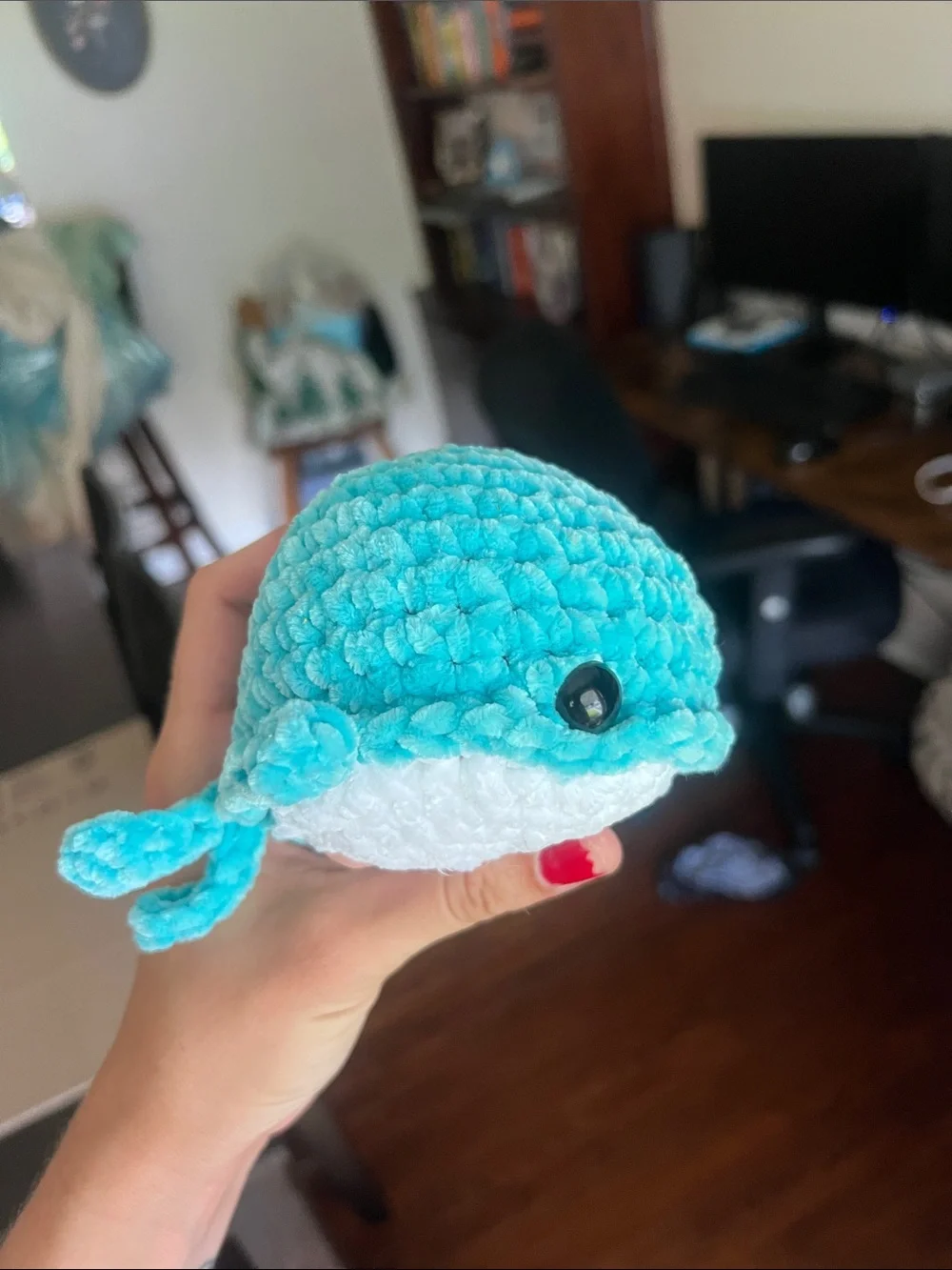 Crochet turquoise & white whale plush